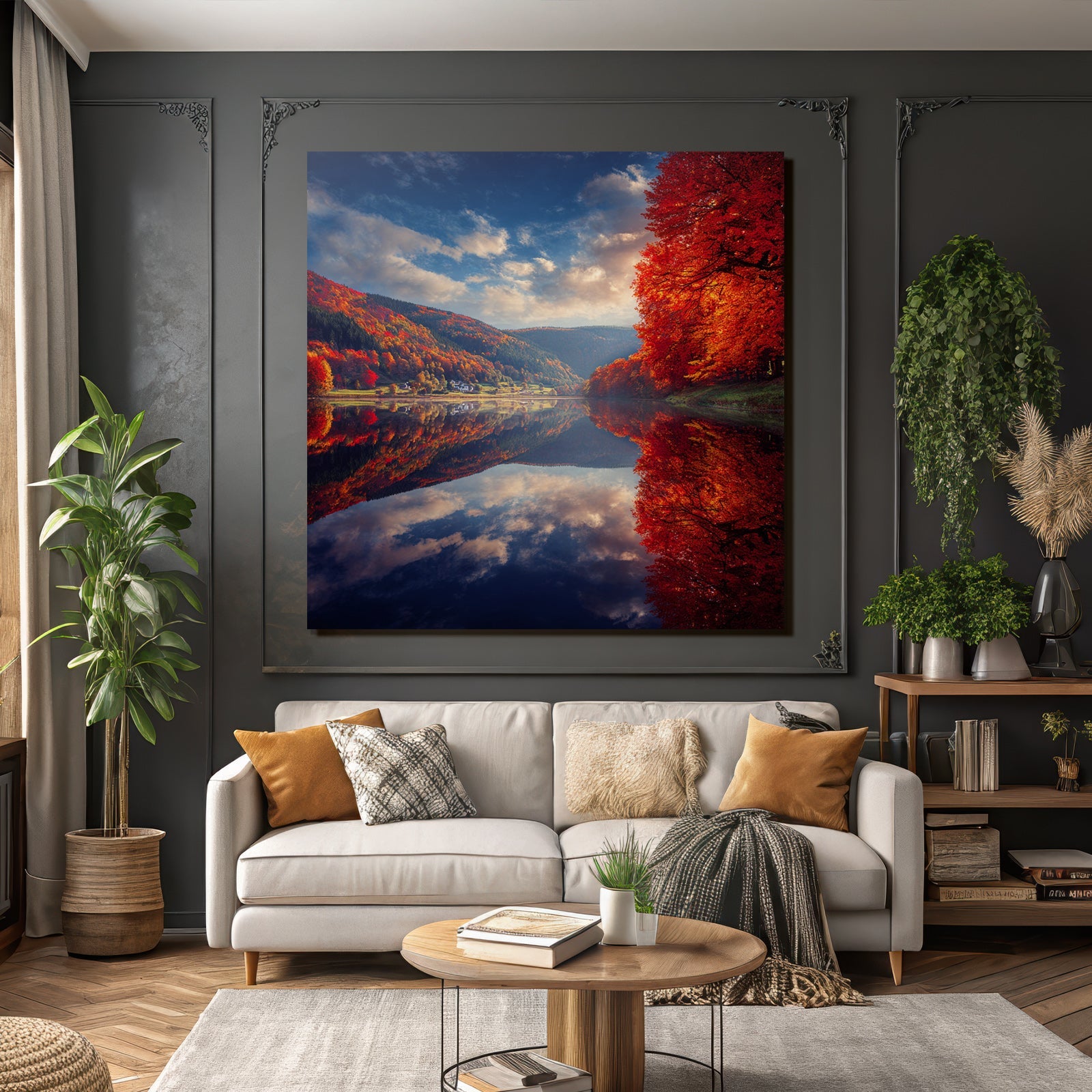 Herbstlandschaft Spiegelung Buntes Laub Ruhiger Tag