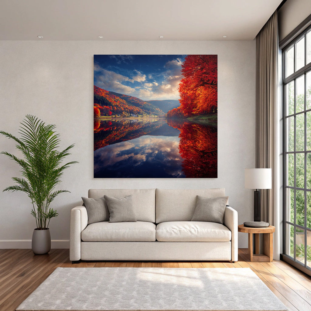 Herbstlandschaft Spiegelung Buntes Laub Ruhiger Tag