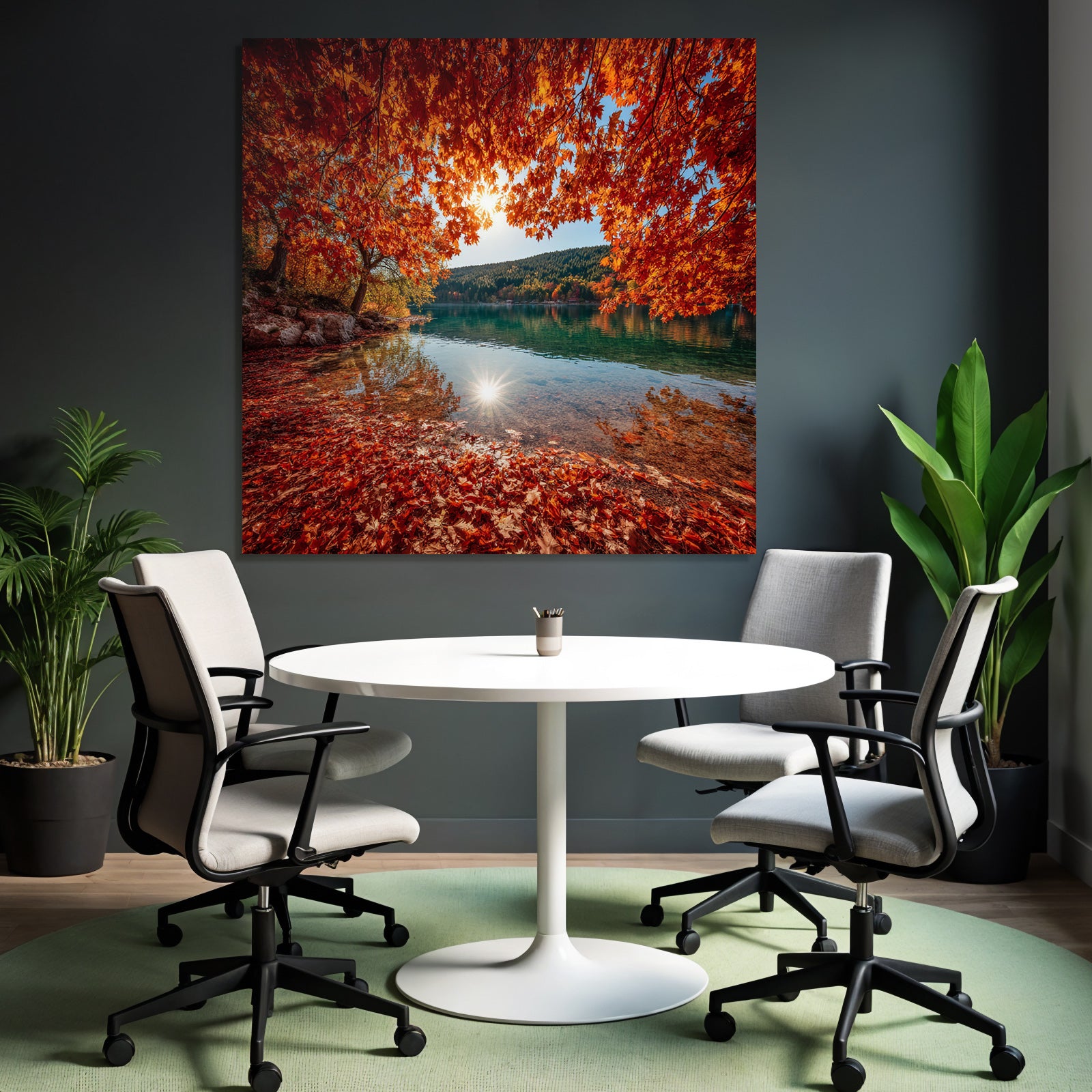 Herbstliche Landlandschaft Mit Wasser Und Rot Orange Belaubung