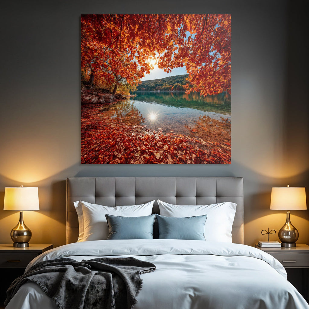 Herbstliche Landlandschaft Mit Wasser Und Rot Orange Belaubung