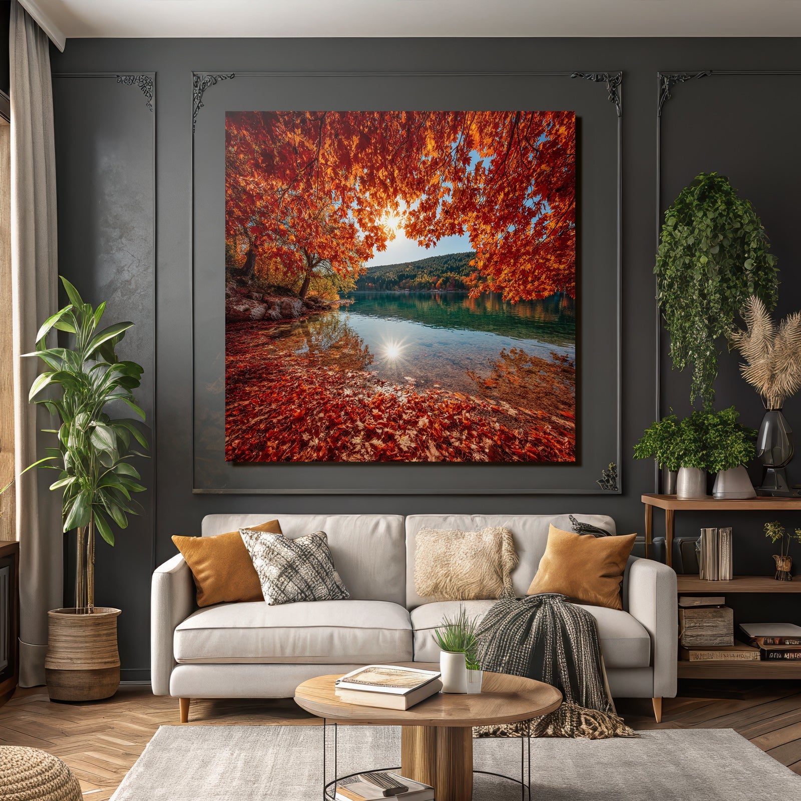 Herbstliche Landlandschaft Mit Wasser Und Rot Orange Belaubung