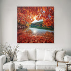 Herbstliche Landlandschaft Mit Wasser Und Rot Orange Belaubung