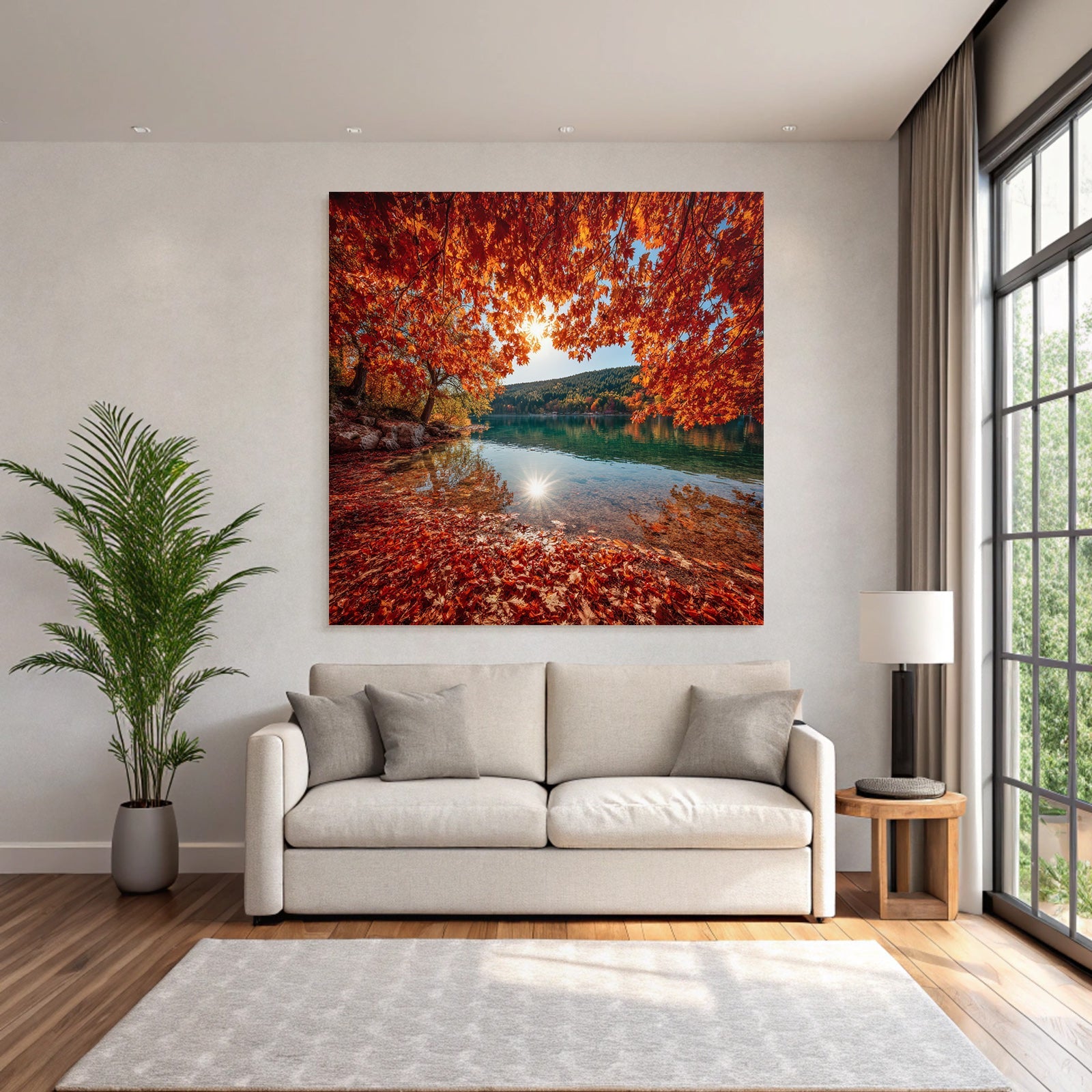 Herbstliche Landlandschaft Mit Wasser Und Rot Orange Belaubung