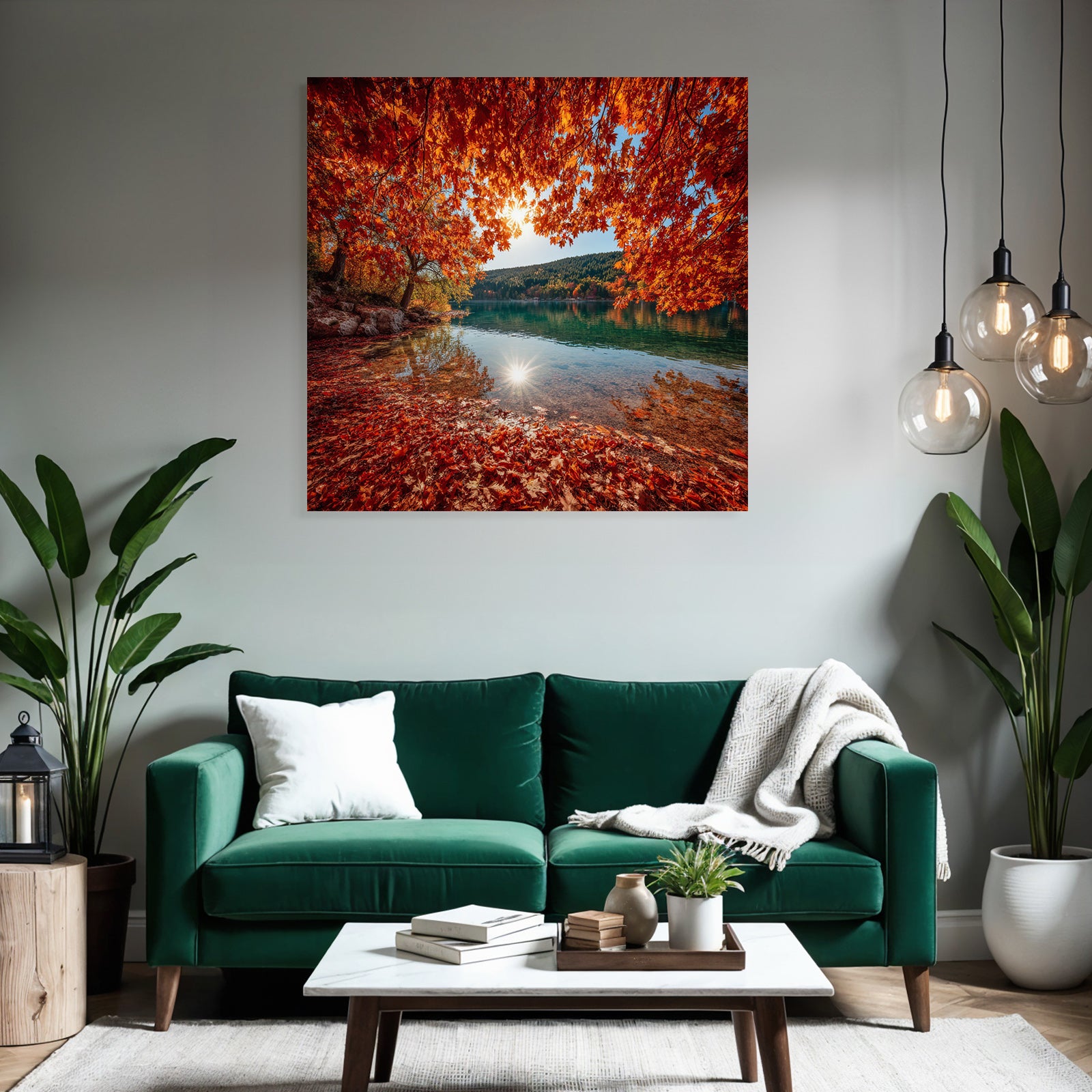 Herbstliche Landlandschaft Mit Wasser Und Rot Orange Belaubung