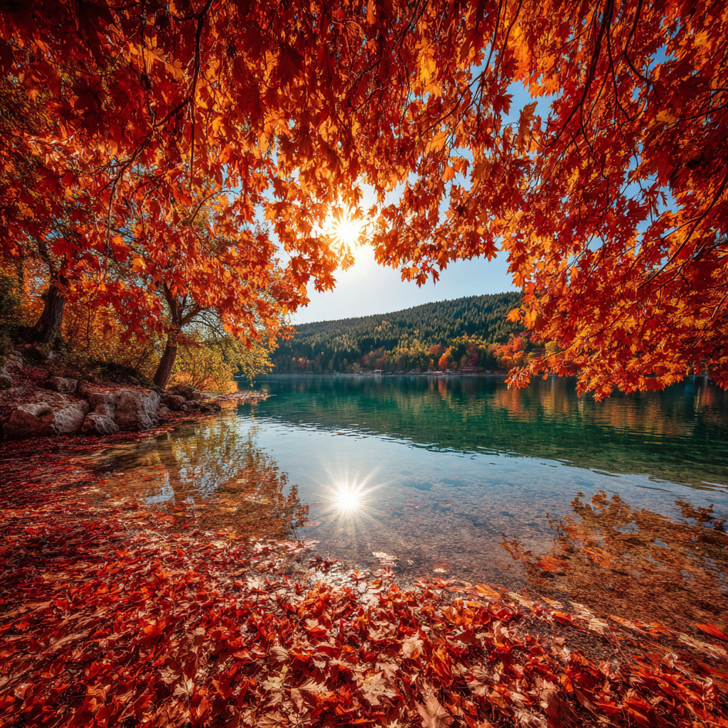 Herbstliche Landlandschaft Mit Wasser Und Rot Orange Belaubung | Indian Summer | Jahreszeiten