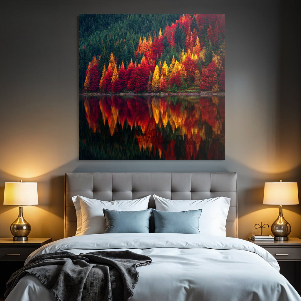 Herbstliche Landschaft Mit Reflektierendem Wasser Und Bunten Bäumen
