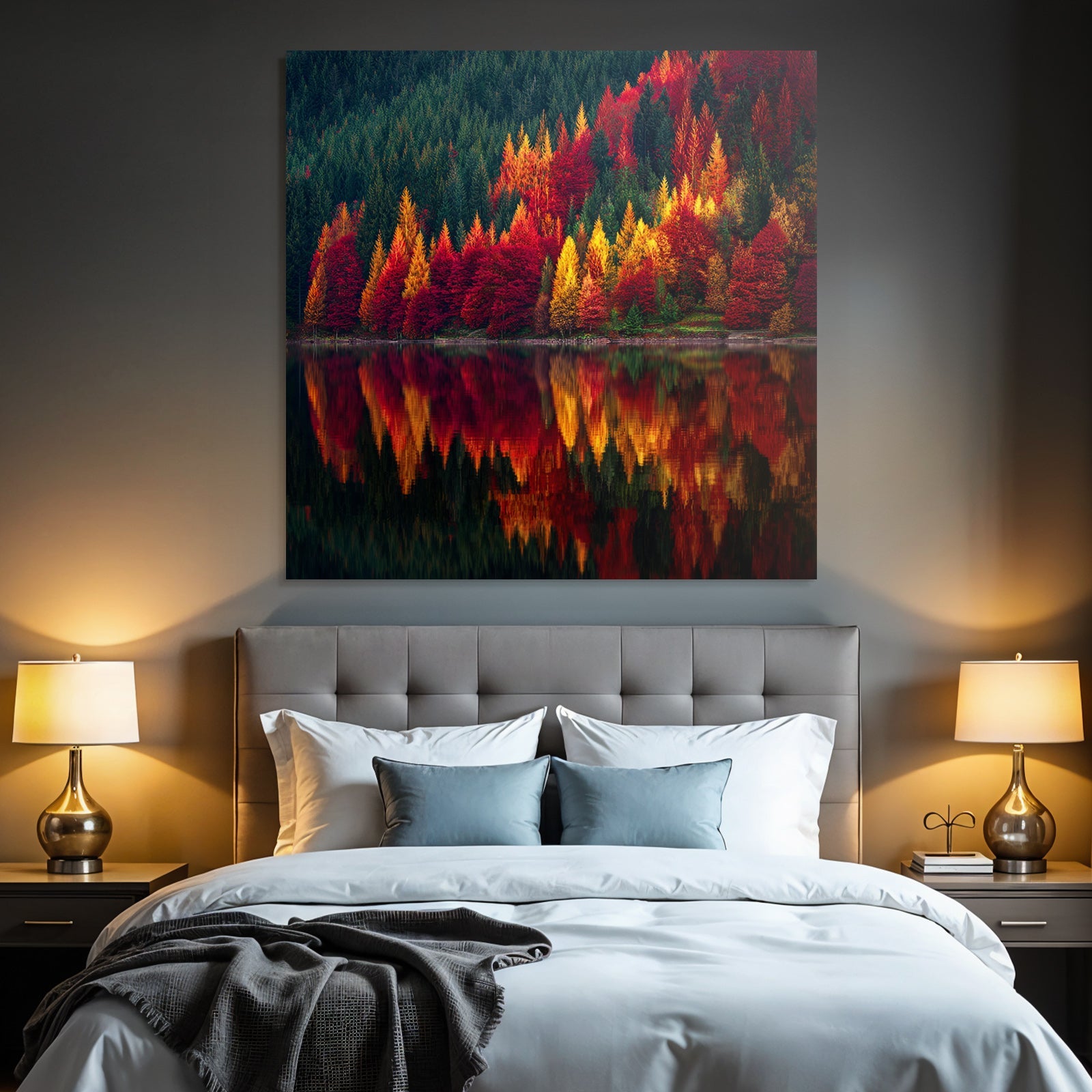 Herbstliche Landschaft Mit Reflektierendem Wasser Und Bunten Bäumen