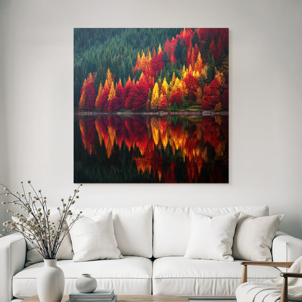 Herbstliche Landschaft Mit Reflektierendem Wasser Und Bunten Bäumen