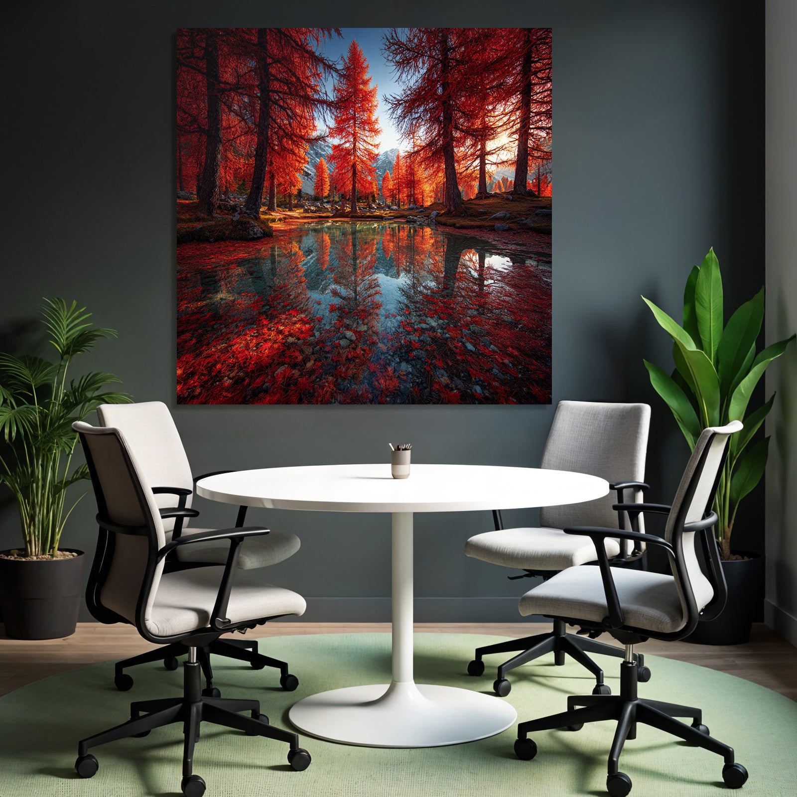 Herbstliche Landschaft Mit Roten Bäumen Und Berglage Reflektion Im Wasser
