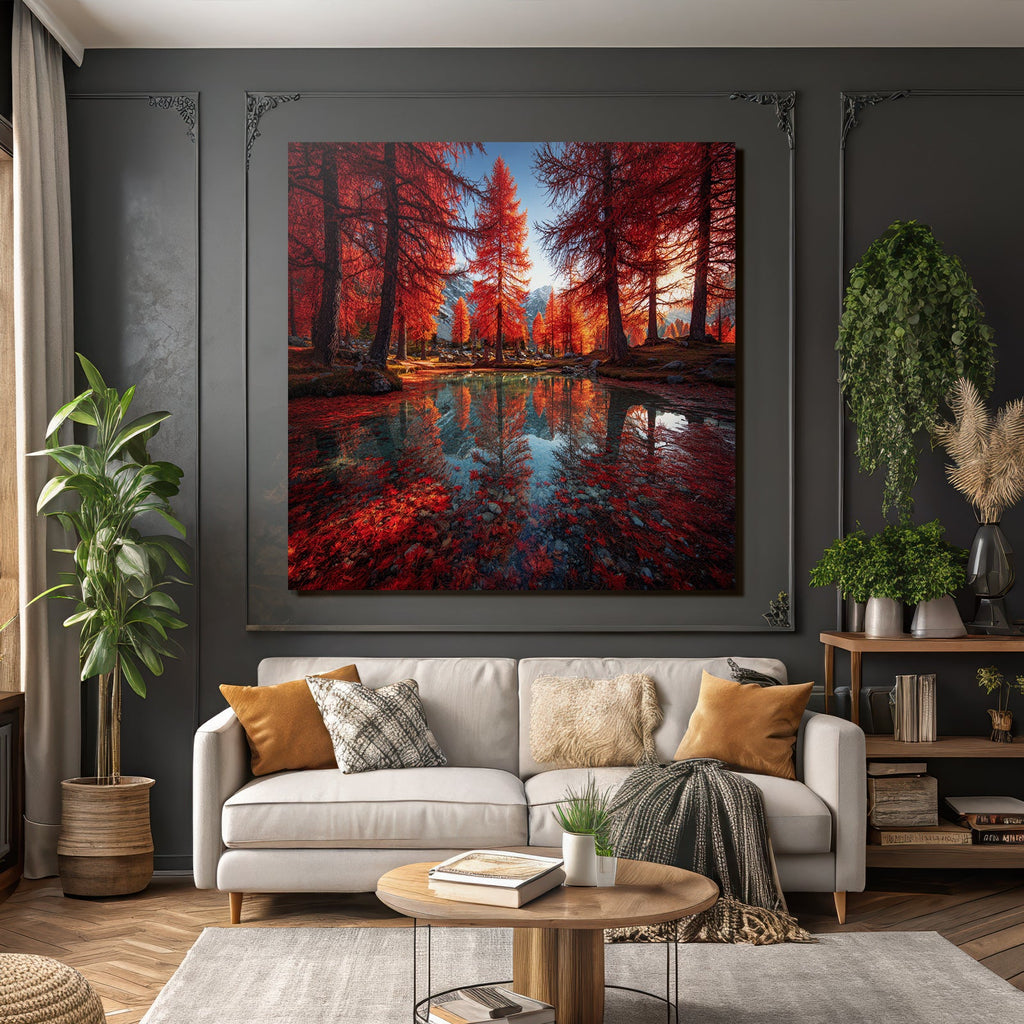 Herbstliche Landschaft Mit Roten Bäumen Und Berglage Reflektion Im Wasser