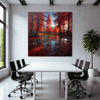 Herbstliche Landschaft Mit Roten Bäumen Und Berglage Reflektion Im Wasser