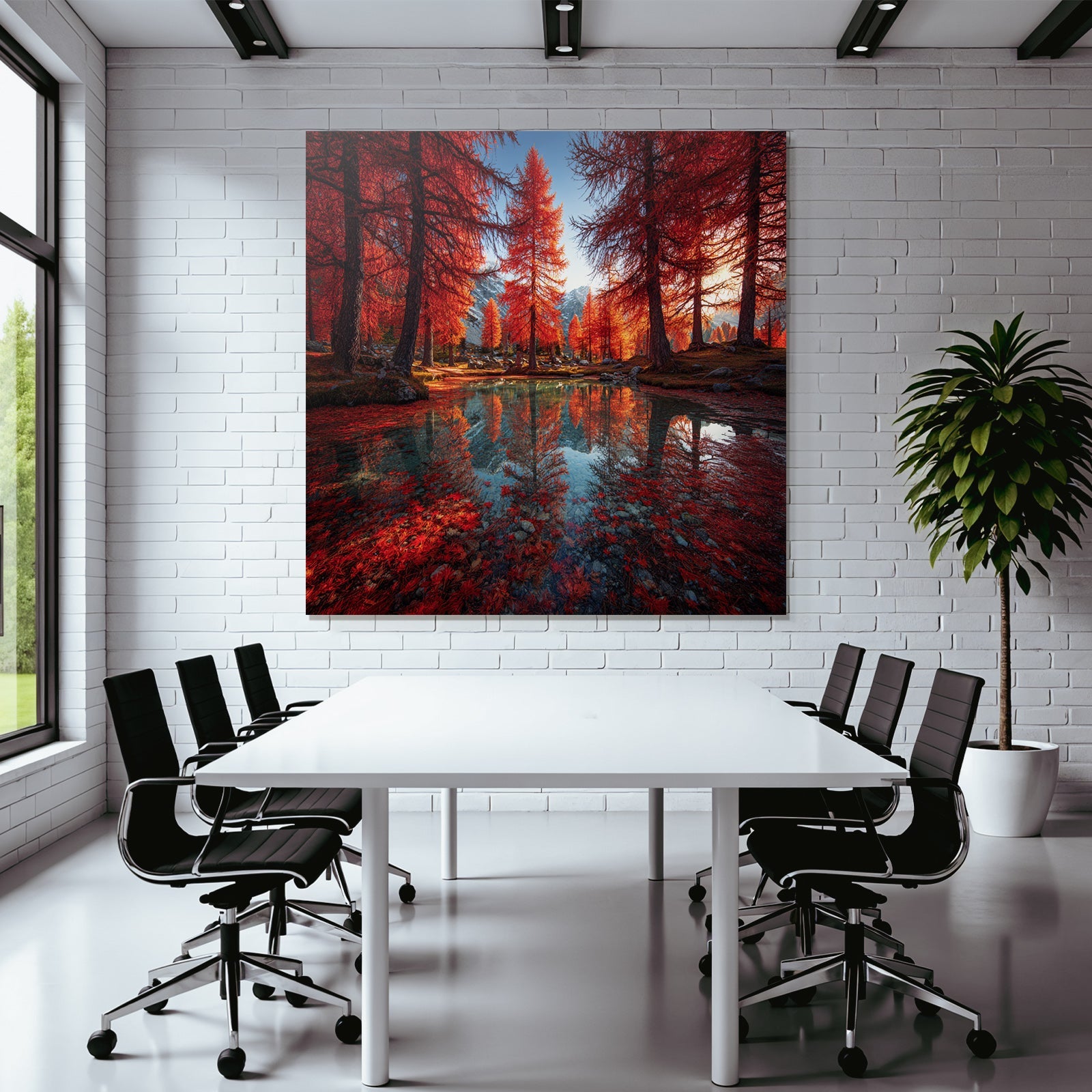 Herbstliche Landschaft Mit Roten Bäumen Und Berglage Reflektion Im Wasser