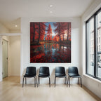 Herbstliche Landschaft Mit Roten Bäumen Und Berglage Reflektion Im Wasser
