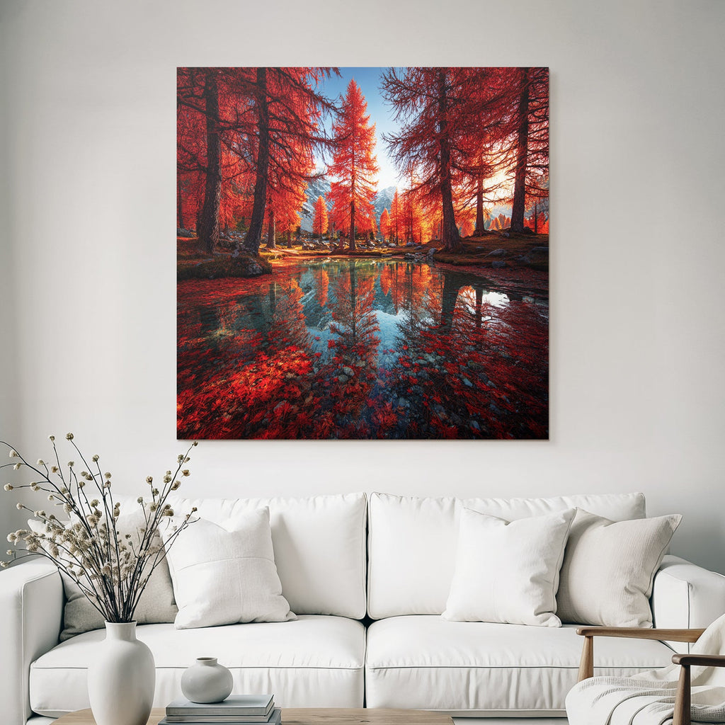 Herbstliche Landschaft Mit Roten Bäumen Und Berglage Reflektion Im Wasser