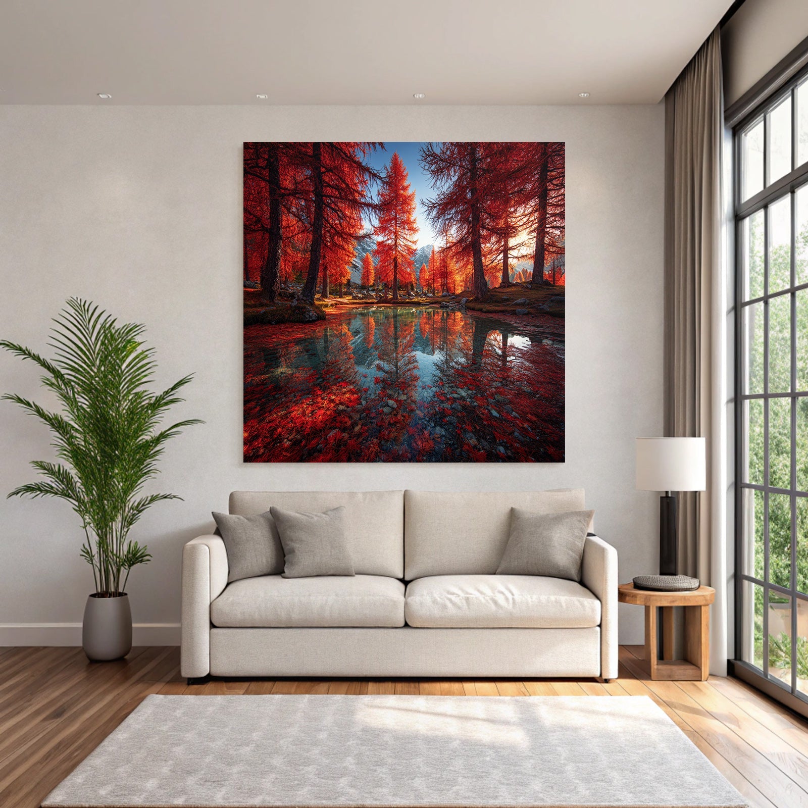 Herbstliche Landschaft Mit Roten Bäumen Und Berglage Reflektion Im Wasser