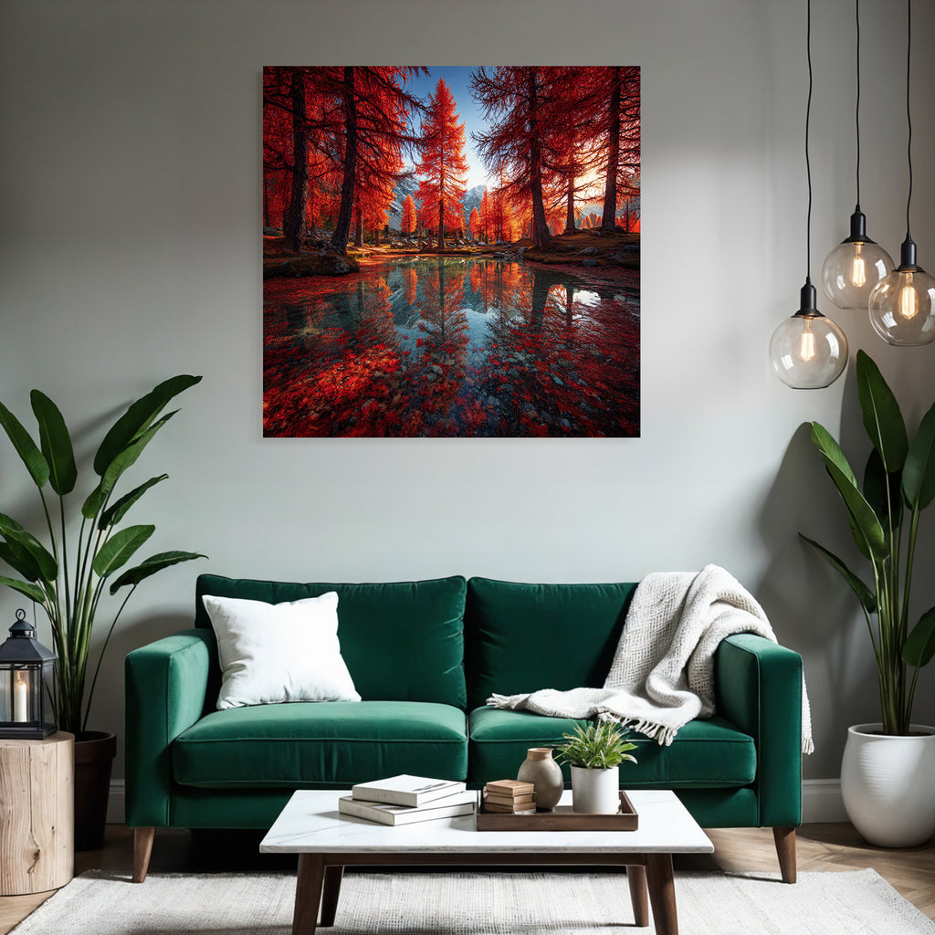 Herbstliche Landschaft Mit Roten Bäumen Und Berglage Reflektion Im Wasser