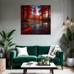 Herbstliche Landschaft Mit Roten Bäumen Und Berglage Reflektion Im Wasser