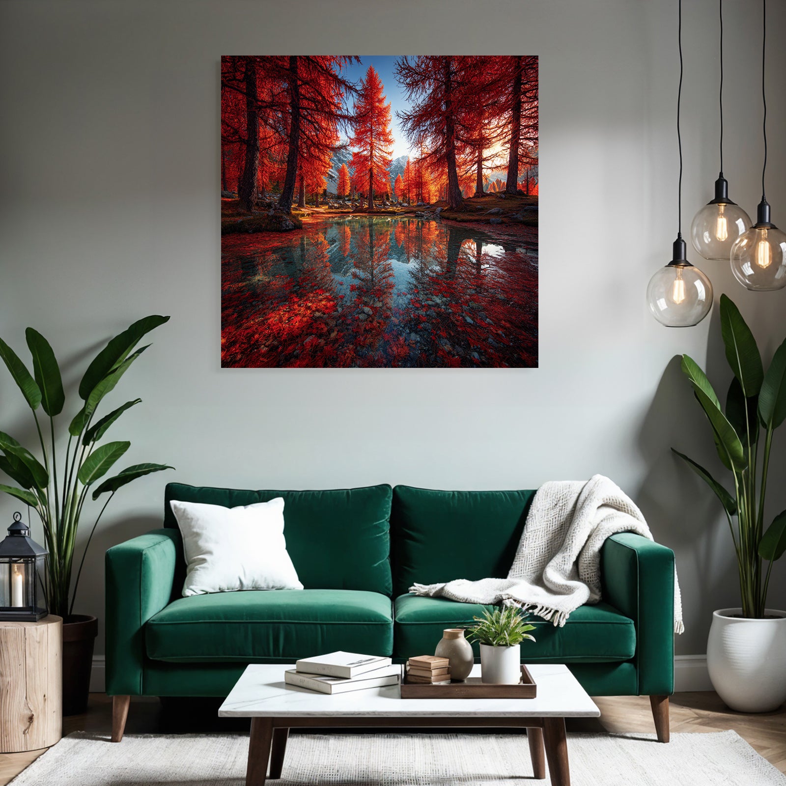 Herbstliche Landschaft Mit Roten Bäumen Und Berglage Reflektion Im Wasser