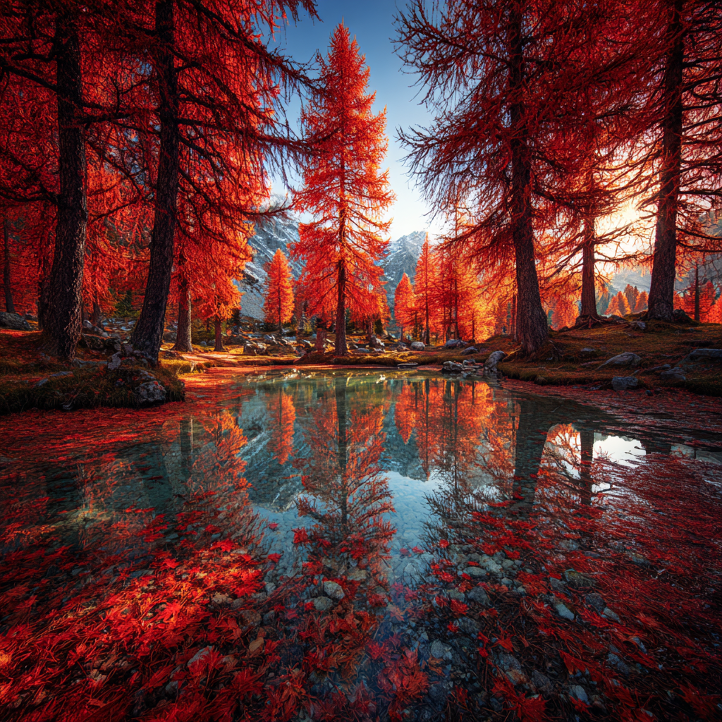 Herbstliche Landschaft Mit Roten Bäumen Und Berglage Reflektion Im Wasser | Indian Summer | Jahreszeiten