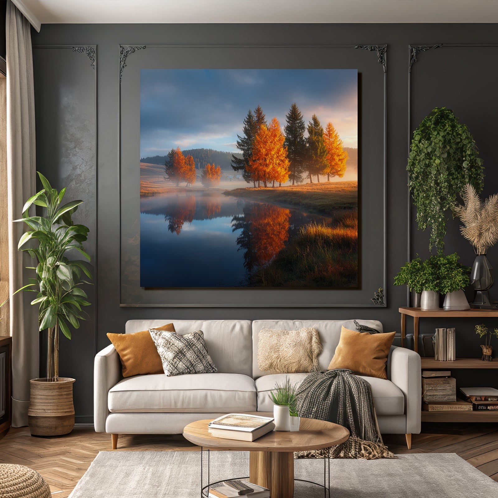 Herbstliche Landschaft Spiegelung Im Wasser Mit Bäumen Und Nebel