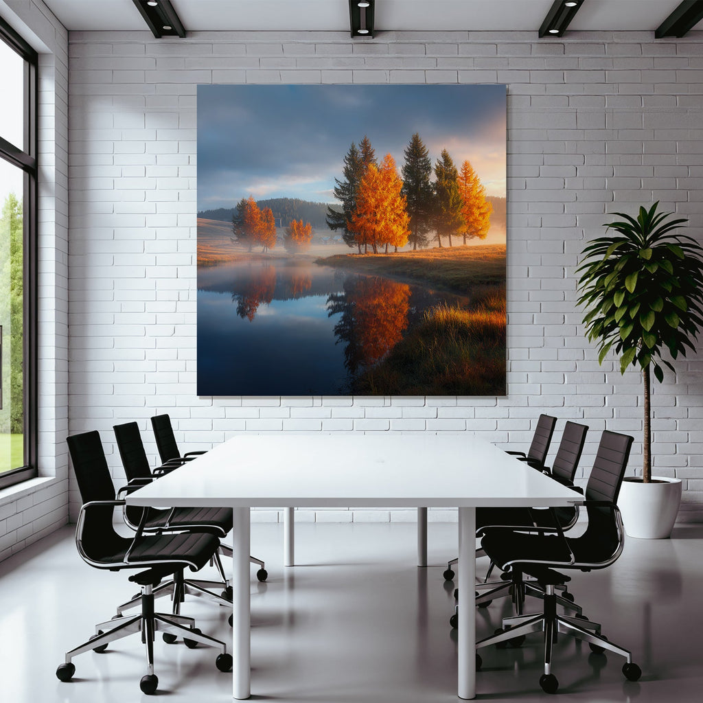 Herbstliche Landschaft Spiegelung Im Wasser Mit Bäumen Und Nebel