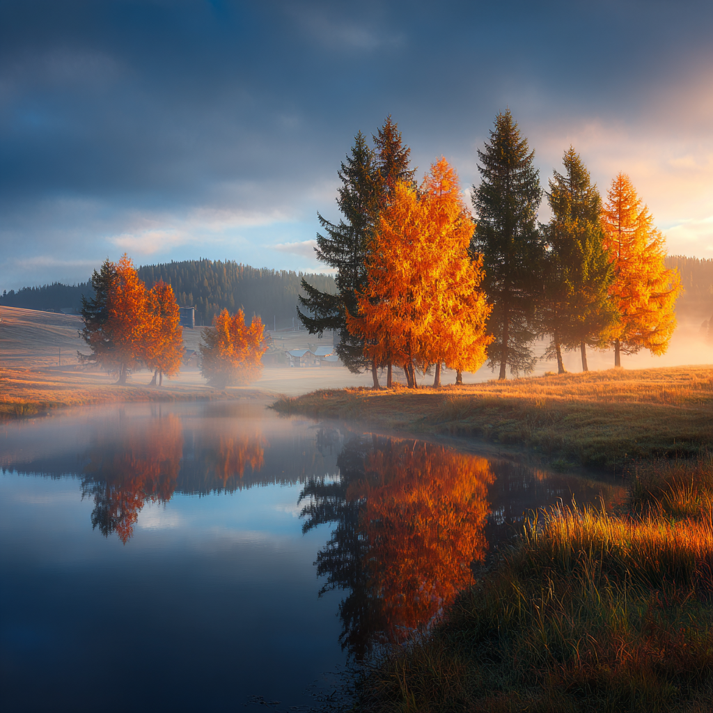 Herbstliche Landschaft Spiegelung Im Wasser Mit Bäumen Und Nebel | Indian Summer | Jahreszeiten