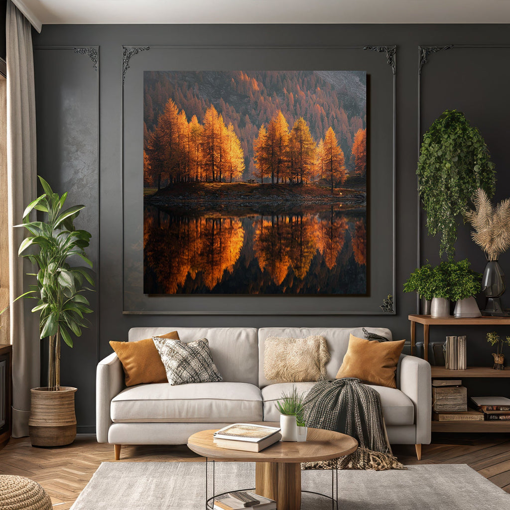 Ruhige Landschaft Herbstbaumspiegelung Mit Bergen