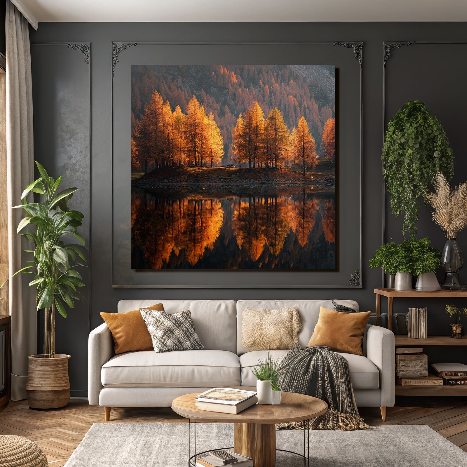 Ruhige Landschaft Herbstbaumspiegelung Mit Bergen