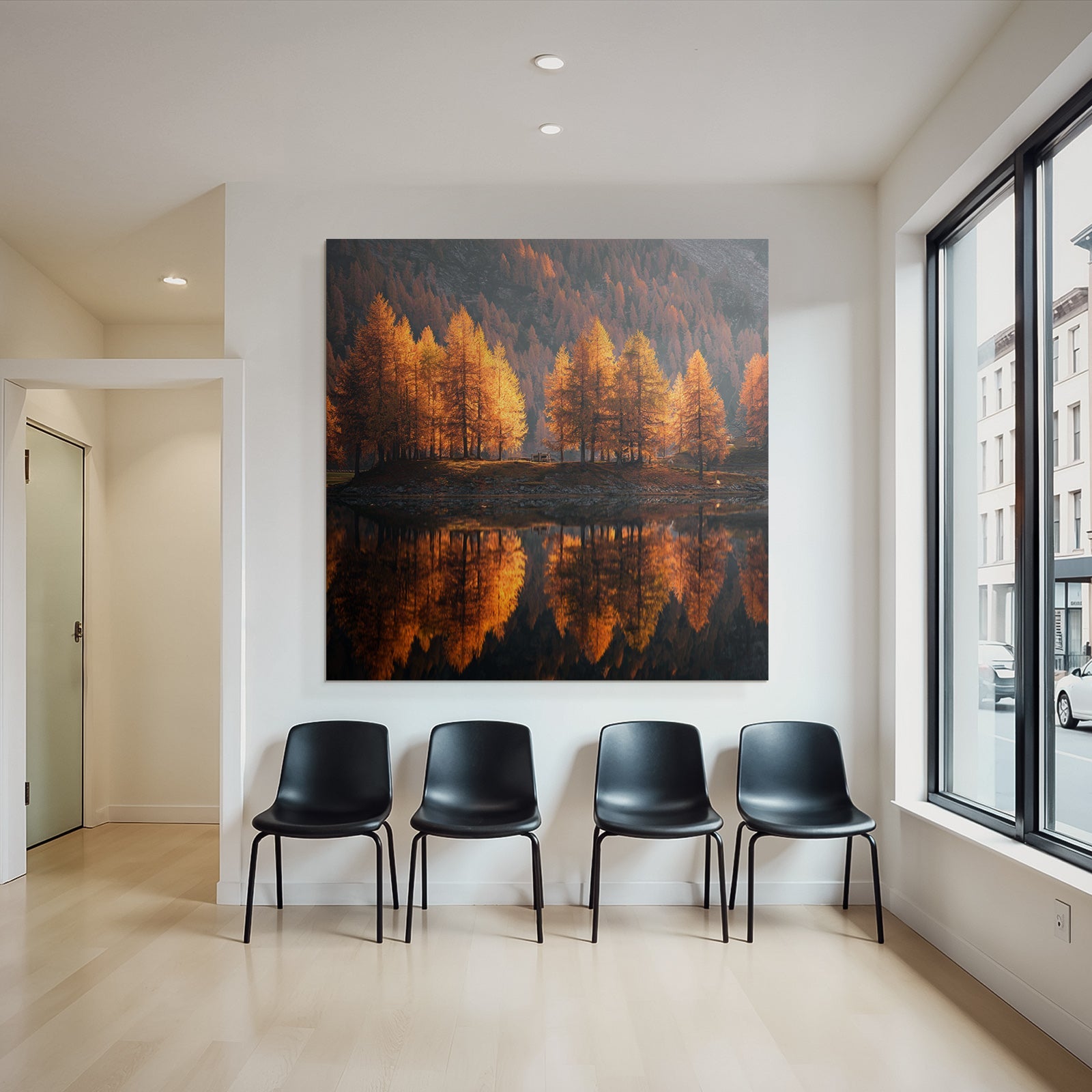 Ruhige Landschaft Herbstbaumspiegelung Mit Bergen