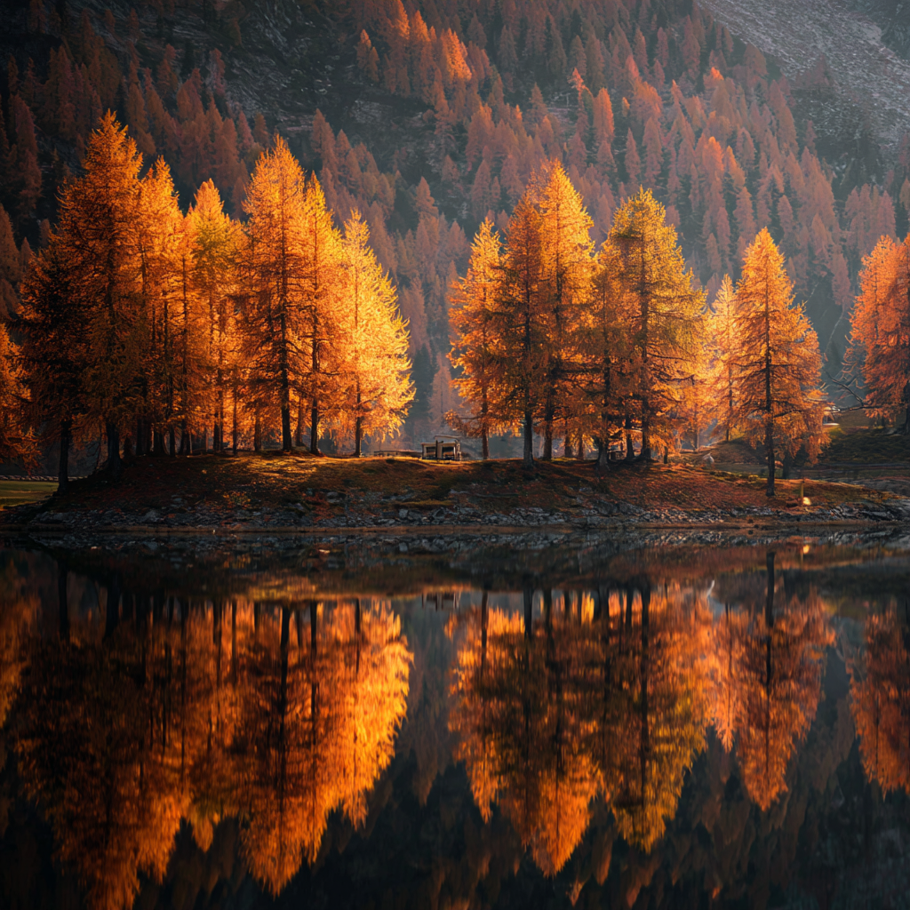 Ruhige Landschaft Herbstbaumspiegelung Mit Bergen | Indian Summer | Jahreszeiten