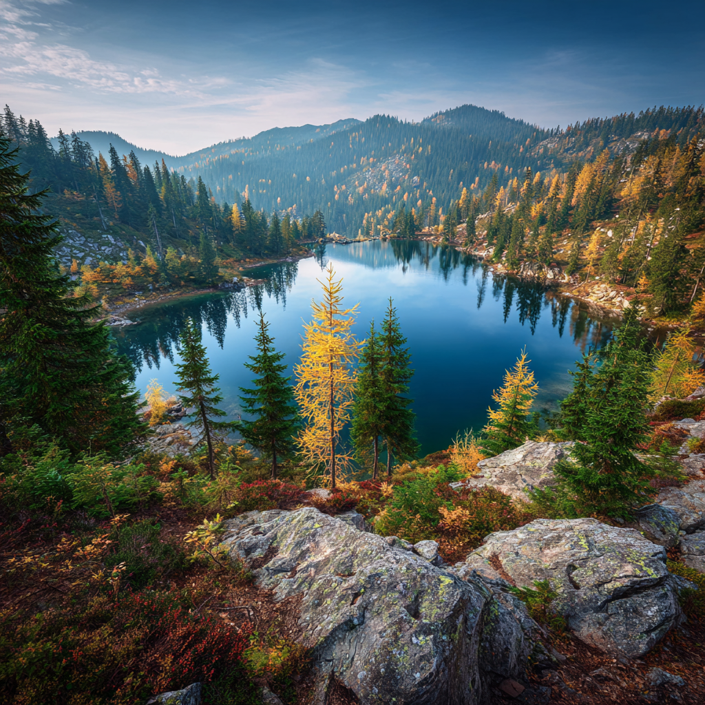 Ruhiger See Umgeben Von Bergen Und Wald Im Herbst | Indian Summer | Jahreszeiten