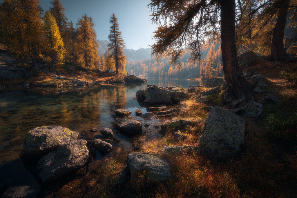 Herbstlandschaft Am See Mit Bäumen Felsen Und Bergen | Indian Summer | Jahreszeiten