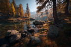 Herbstlandschaft Am See Mit Bäumen Felsen Und Bergen | Indian Summer | Jahreszeiten