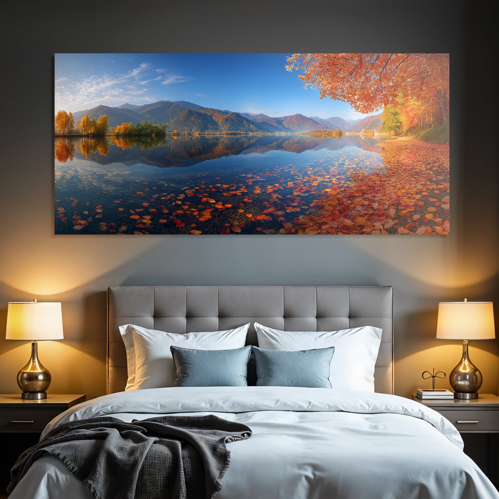 Herbstlandschaft Am See Umgeben Von Bergen Mit Bunten Blättern