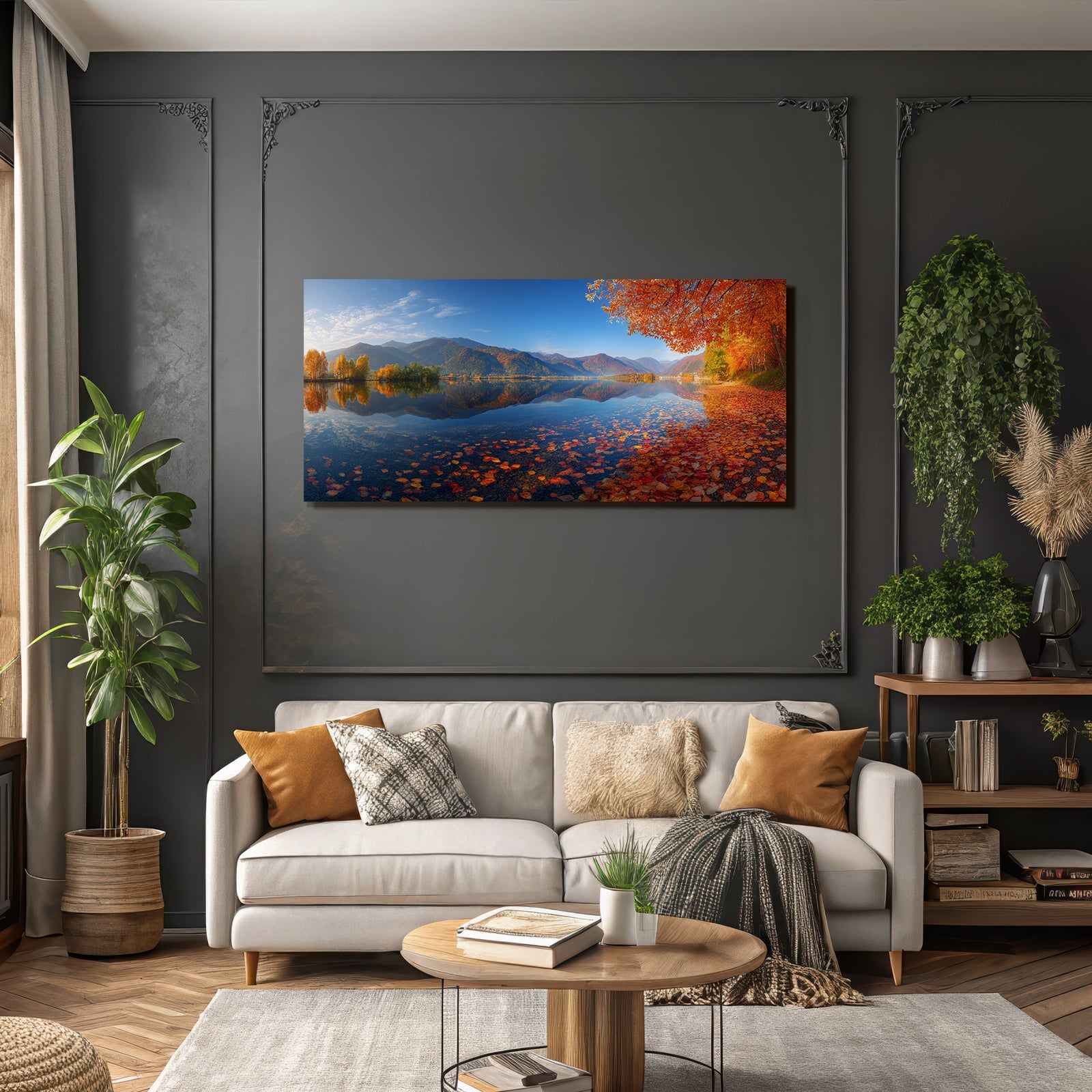 Herbstlandschaft Am See Umgeben Von Bergen Mit Bunten Blättern