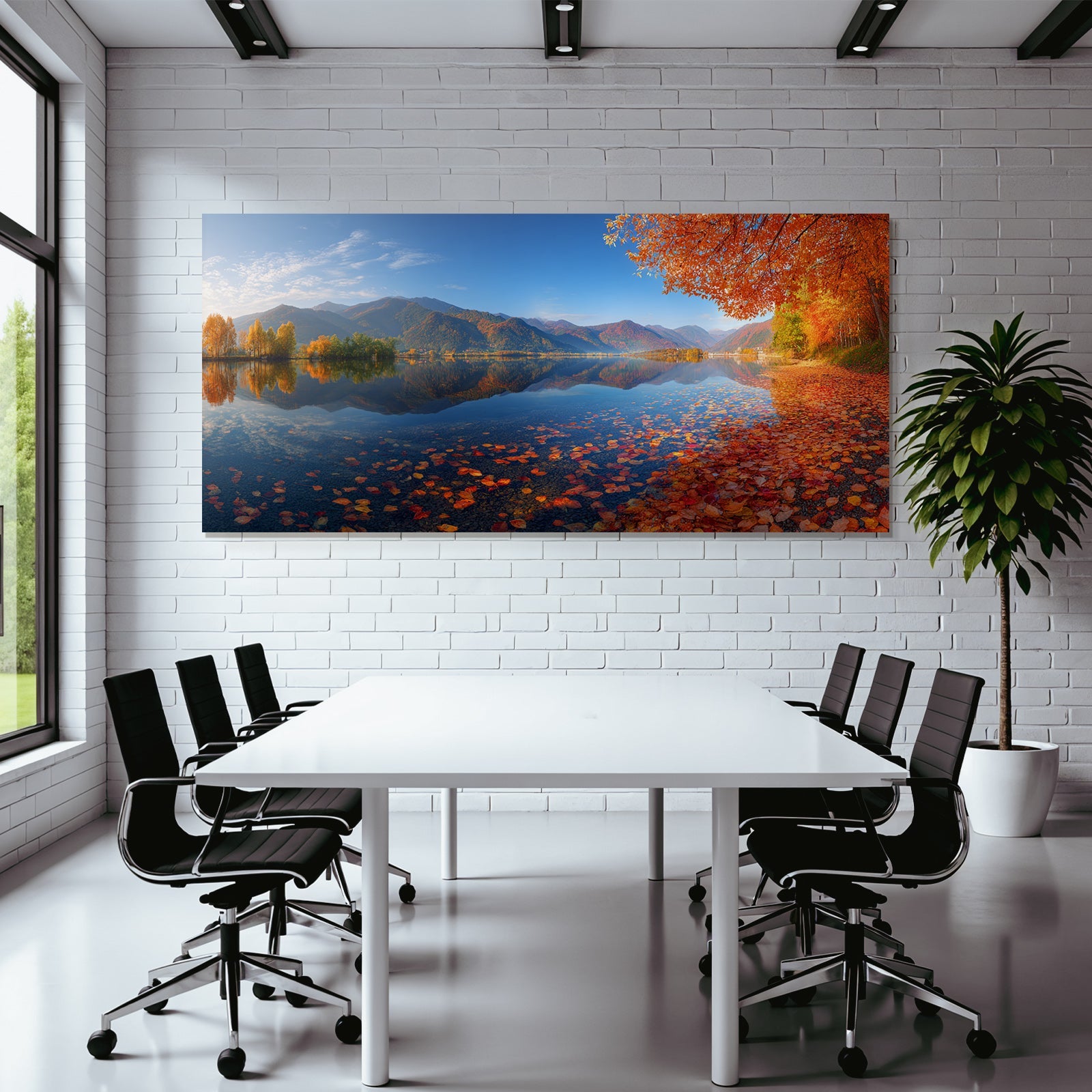 Herbstlandschaft Am See Umgeben Von Bergen Mit Bunten Blättern
