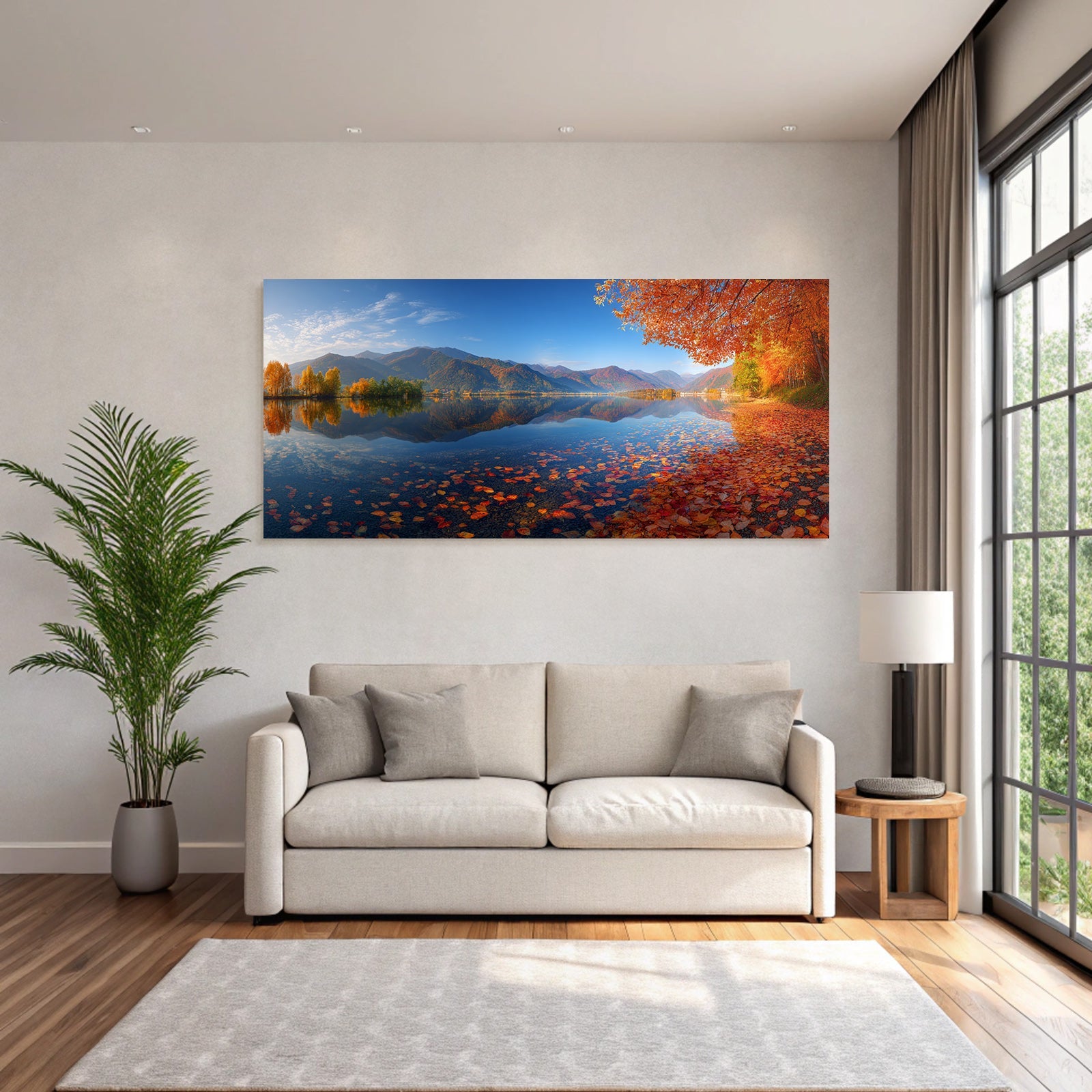Herbstlandschaft Am See Umgeben Von Bergen Mit Bunten Blättern