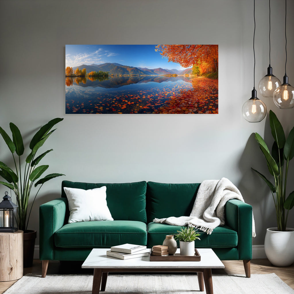Herbstlandschaft Am See Umgeben Von Bergen Mit Bunten Blättern