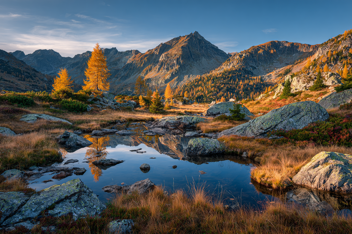 Herbstlandschaft Berge Reflexion Wasser Orange Gelbe Bäume | Indian Summer | Jahreszeiten