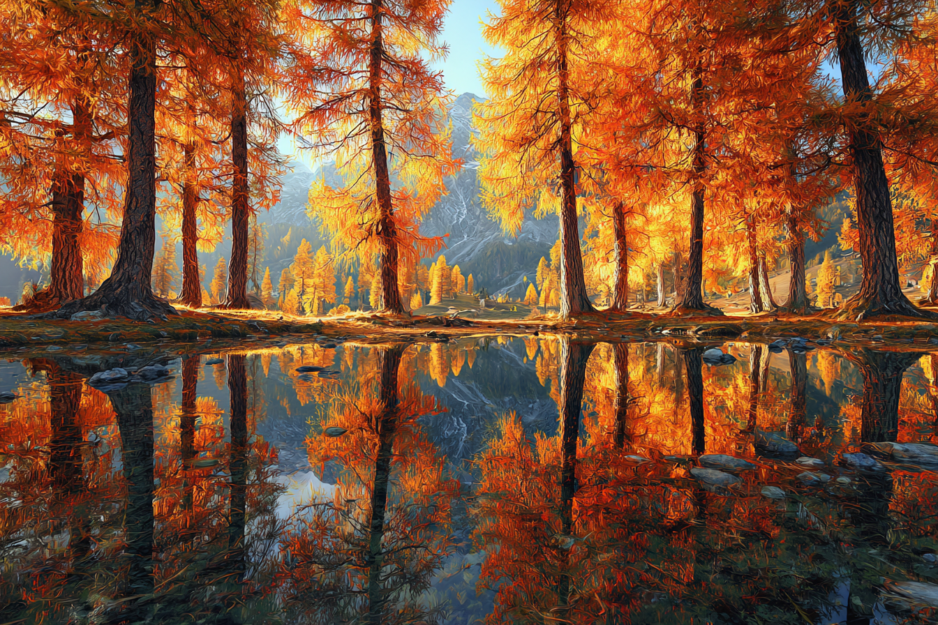 Herbstlandschaft Mit Orangenem Blattwerk Und Reflexion Im Wasser | Indian Summer | Jahreszeiten