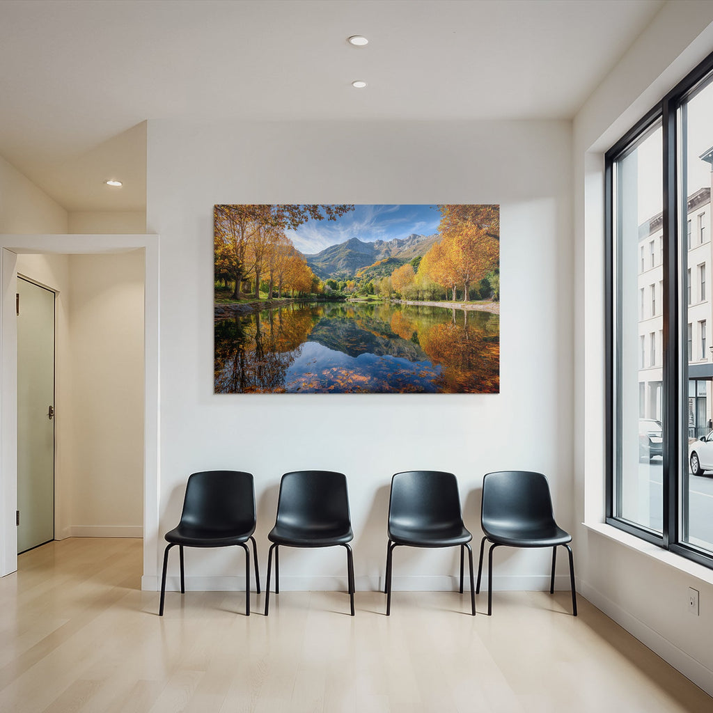 Herbstlandschaft Reflektion Bergsee Bunte Bäume Blaür Himmel