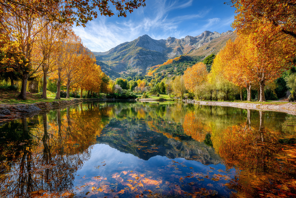 Herbstlandschaft Reflektion Bergsee Bunte Bäume Blaür Himmel | Indian Summer | Jahreszeiten