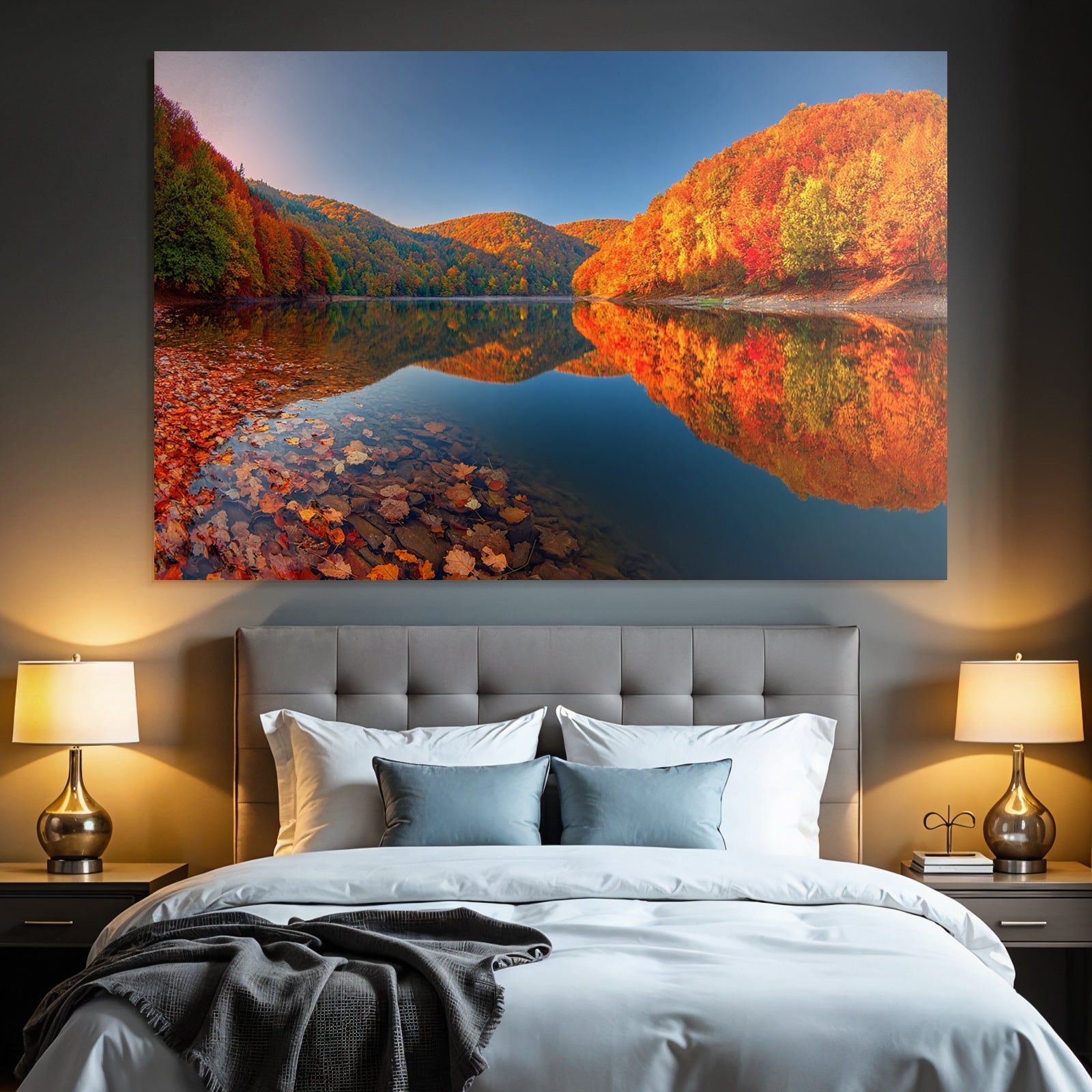 Herbstlandschaft Reflektion Ruhe Wasser Hügel Bäume