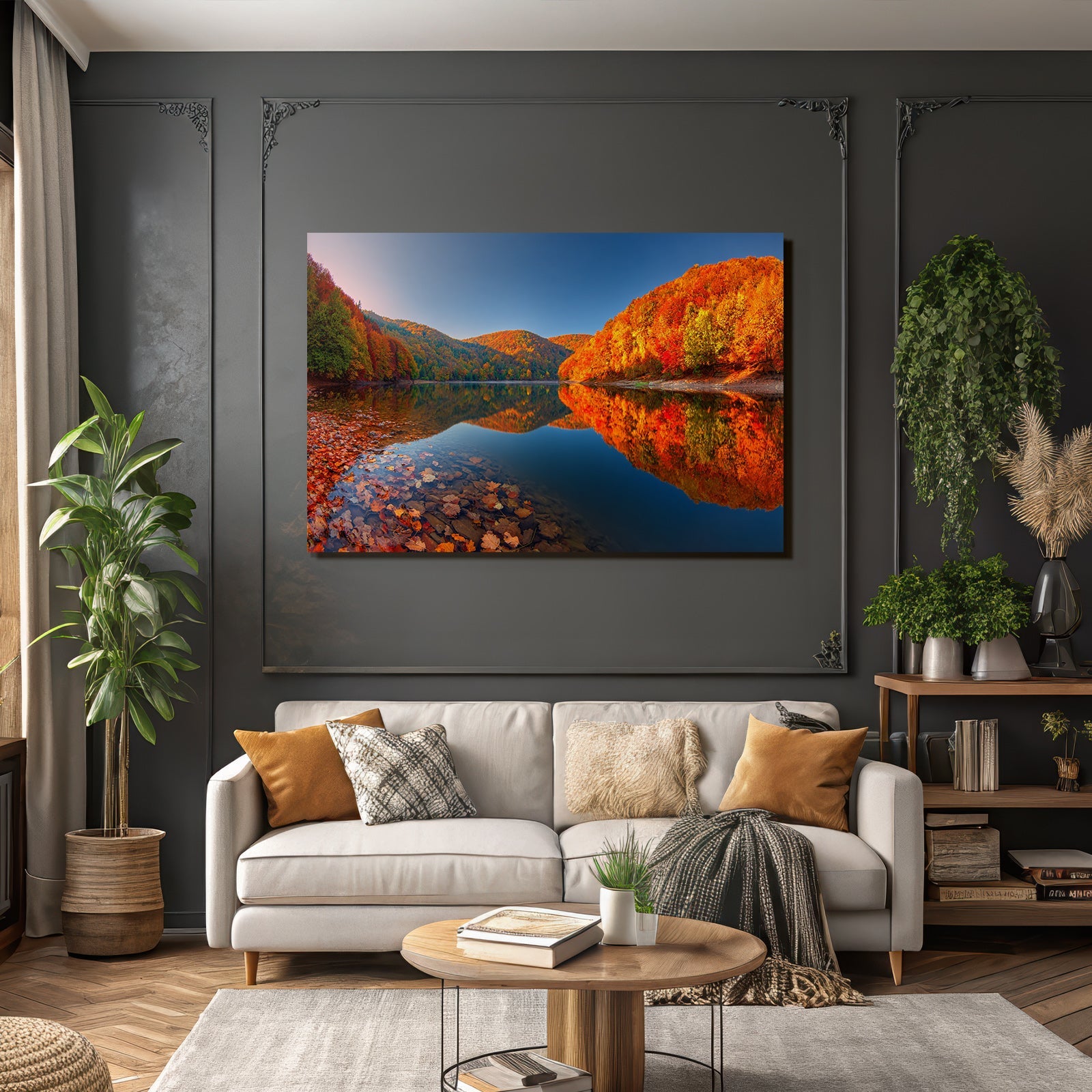 Herbstlandschaft Reflektion Ruhe Wasser Hügel Bäume