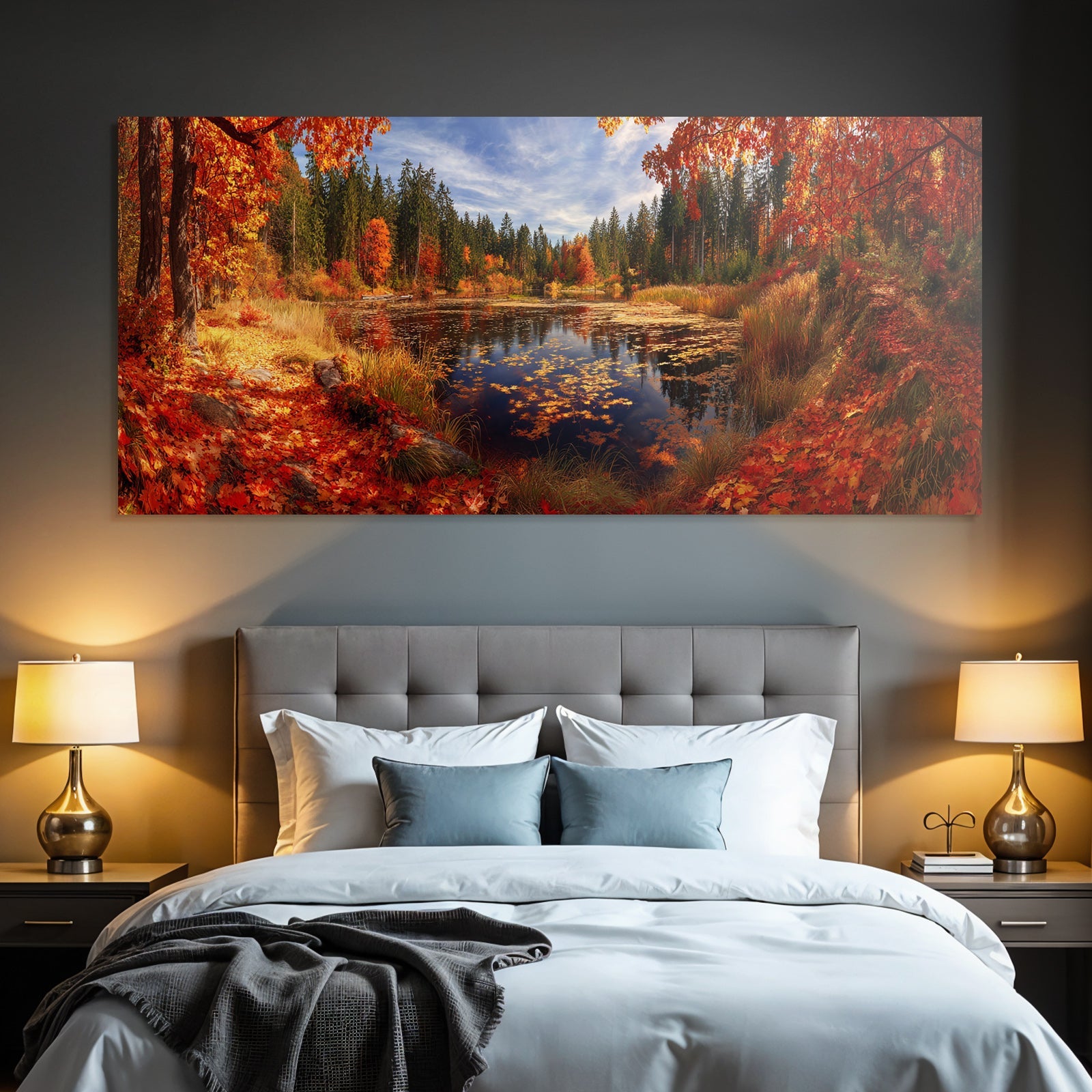 Herbstlandschaft Ruhiger Teich Bunte Blätter Reflectionen Blaür Himmel