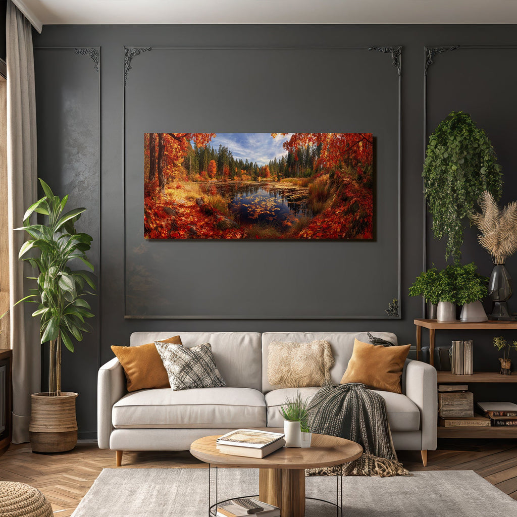 Herbstlandschaft Ruhiger Teich Bunte Blätter Reflectionen Blaür Himmel
