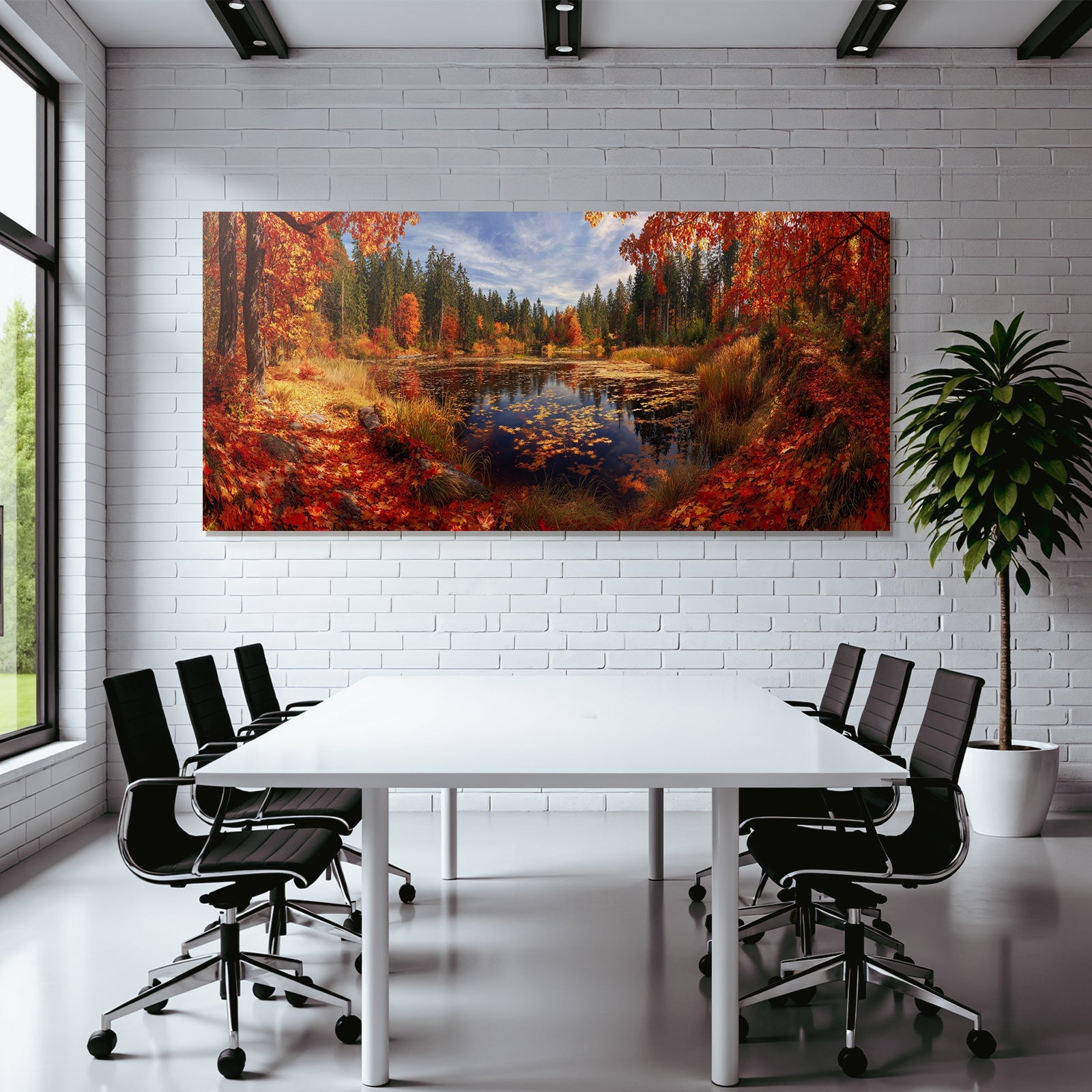Herbstlandschaft Ruhiger Teich Bunte Blätter Reflectionen Blaür Himmel