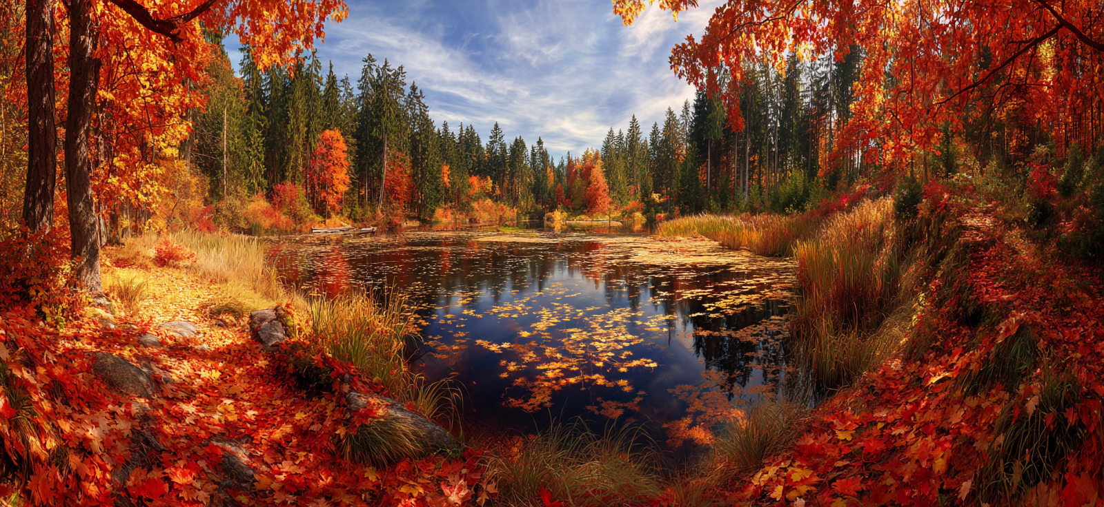 Herbstlandschaft Ruhiger Teich Bunte Blätter Reflectionen Blaür Himmel | Indian Summer | Jahreszeiten