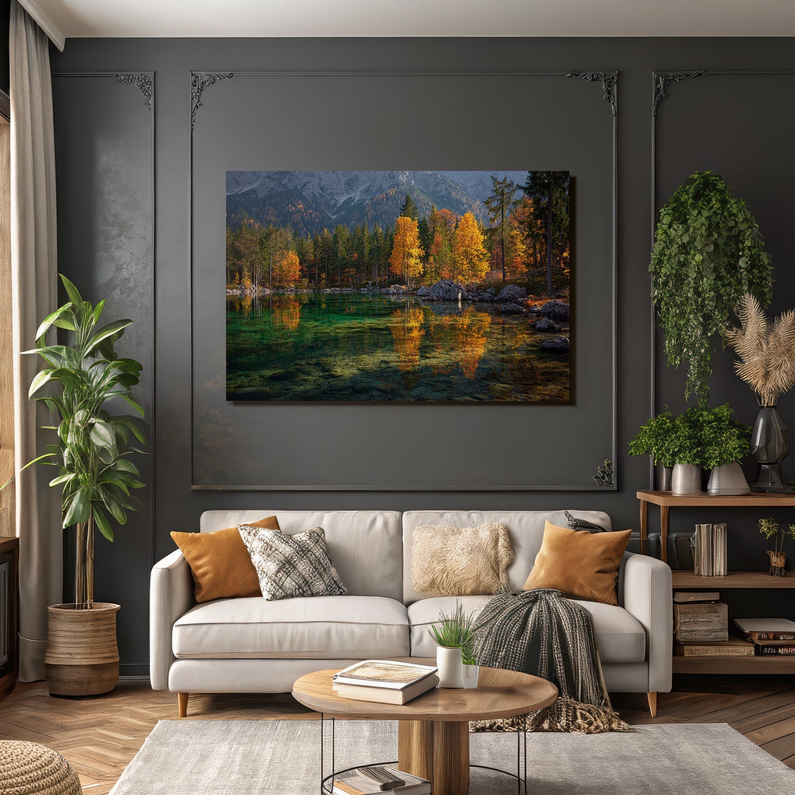 Herbstlandschaft Ruhiger Wasserspiegel Mit Bäumen Und Bergen