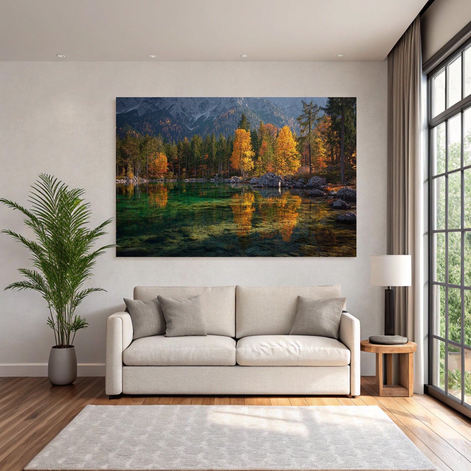 Herbstlandschaft Ruhiger Wasserspiegel Mit Bäumen Und Bergen